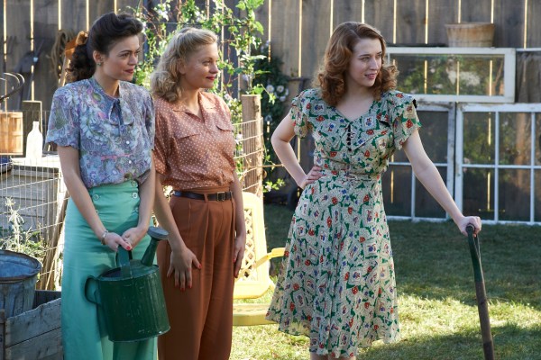 bomb-girls-ep-7-cast3-carol-carlyn-burchell-vera-anastasia-phillips-and-kate-charlotte-hegele-gardening